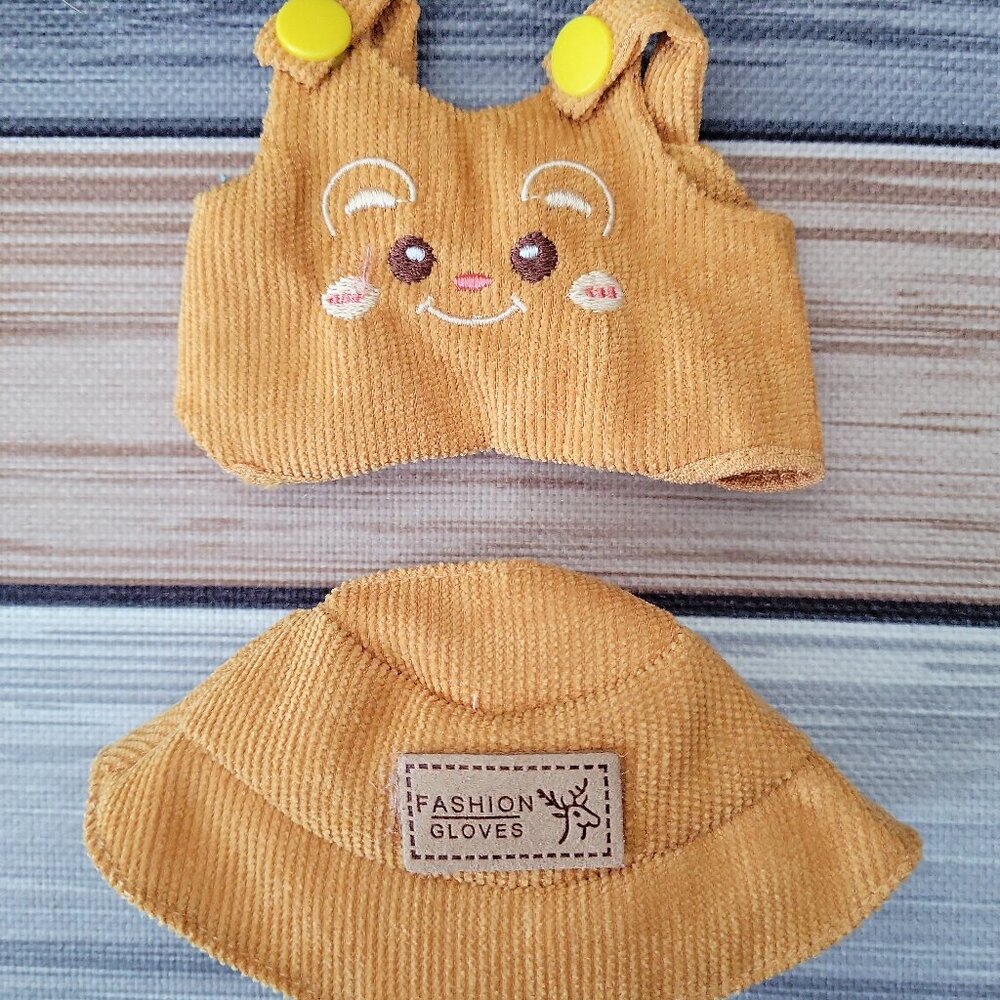 Labubu Doll Outfit Bear Face Top & Bucket Hat Set Brown Corduroy